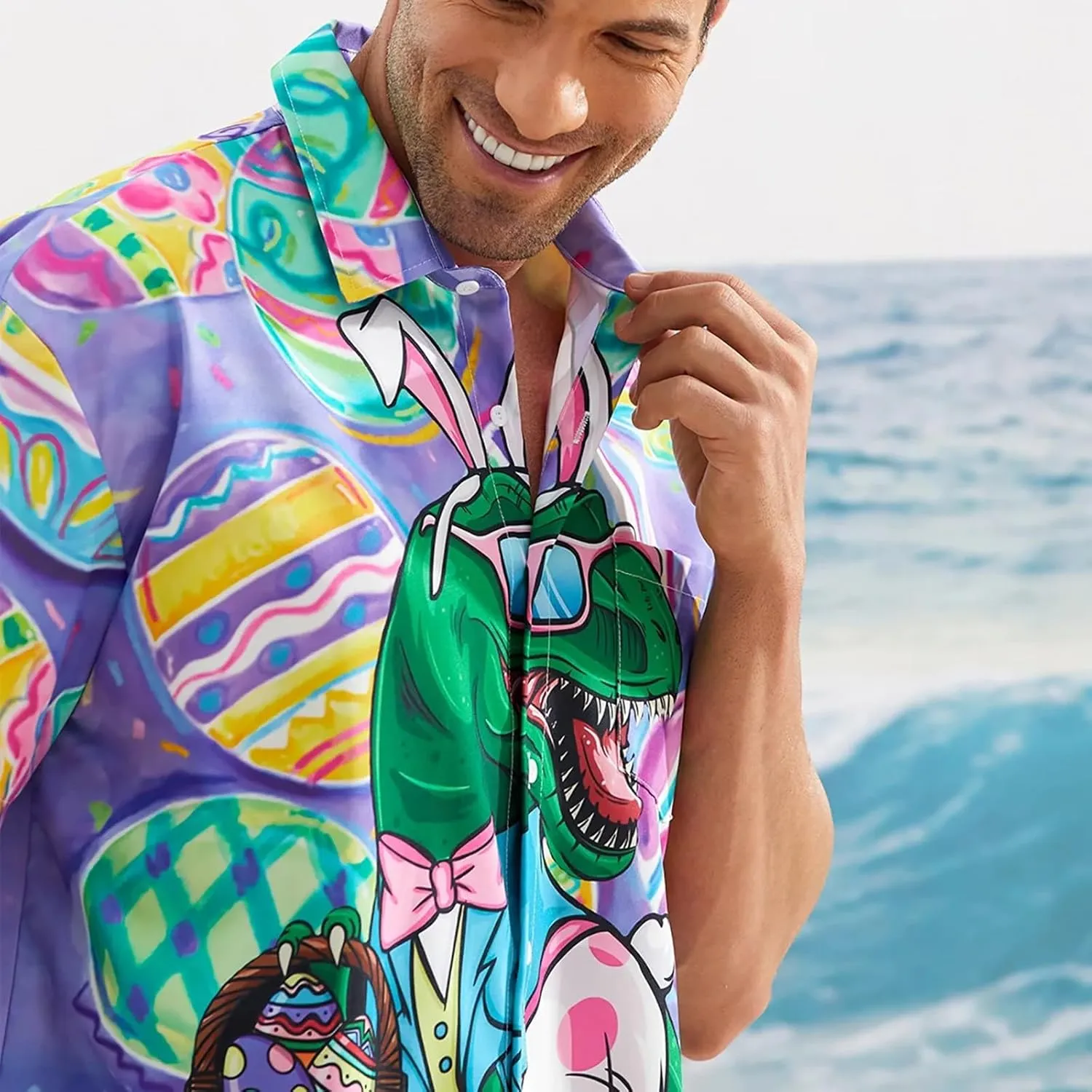 Men's Easter Hawaiian Shirt - Green, Yellow - Short Sleeve - Bunny Print - Polyester - One Size (Large) - Adult