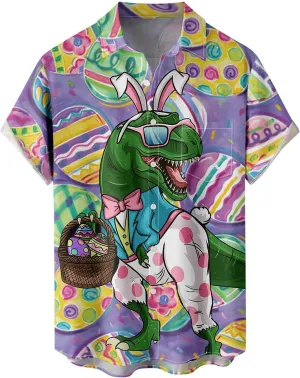 Men's Easter Hawaiian Shirt - Green, Yellow - Short Sleeve - Bunny Print - Polyester - One Size (Large) - Adult