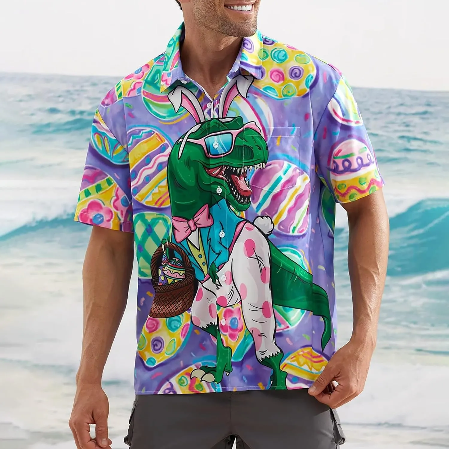 Men's Easter Hawaiian Shirt - Green, Yellow - Short Sleeve - Bunny Print - Polyester - One Size (Large) - Adult