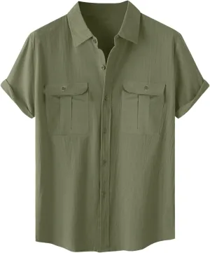 Mens Linen Button Down Shirt Short Sleeve Casual Stylish Beach Shirts Loose Solid Basic Collared Shirt with Pockets