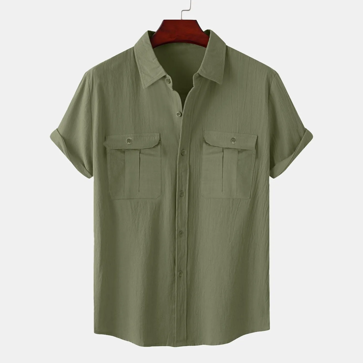 Mens Linen Button Down Shirt Short Sleeve Casual Stylish Beach Shirts Loose Solid Basic Collared Shirt with Pockets