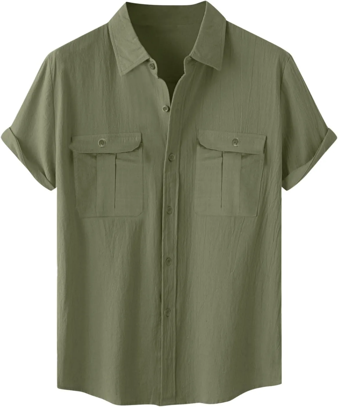 Mens Linen Button Down Shirt Short Sleeve Casual Stylish Beach Shirts Loose Solid Basic Collared Shirt with Pockets
