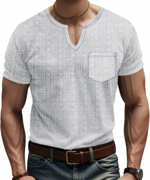 Men's Linen Henley Shirts Casual Short Sleeve V Neck Blouses Tops 2025 Summer Beach Hippie Shirts with Pocket