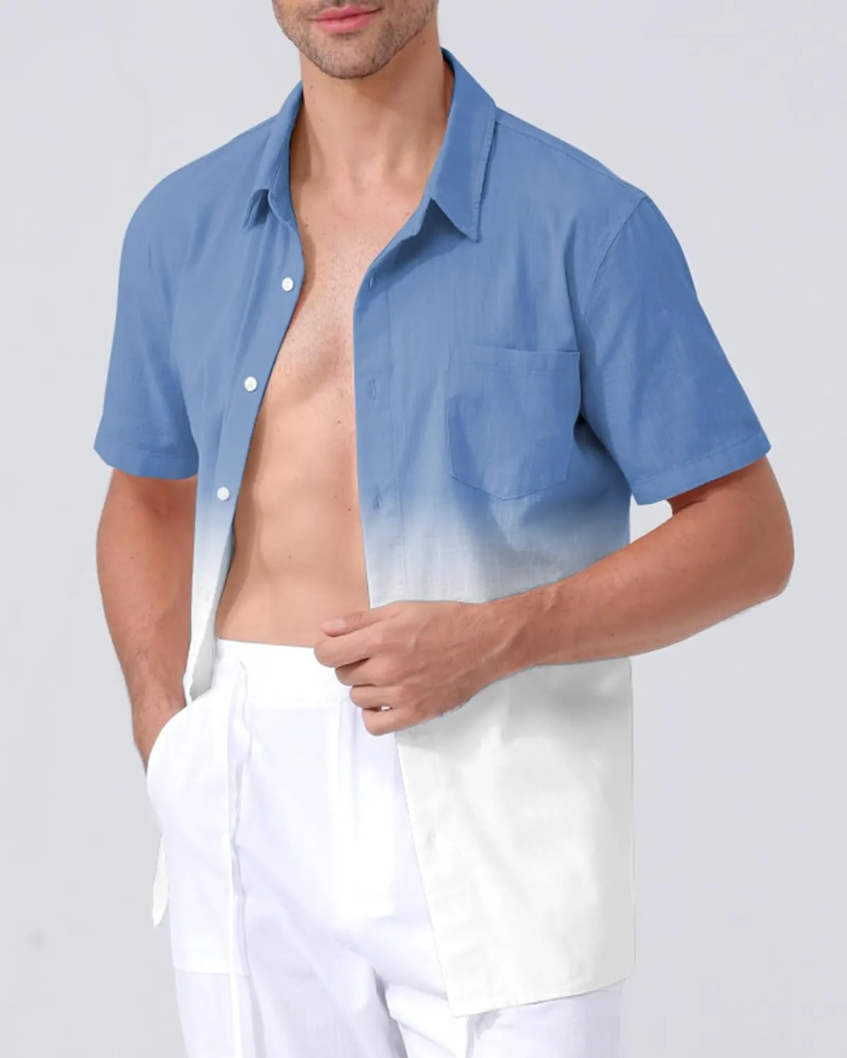 Mens Linen Shirts Gradient Short Sleeve Casual Shirts Button Down Shirt Beach Summer Wedding Vacation Shirt for Men