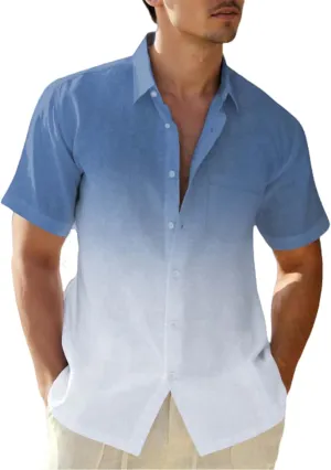 Mens Linen Shirts Gradient Short Sleeve Casual Shirts Button Down Shirt Beach Summer Wedding Vacation Shirt for Men