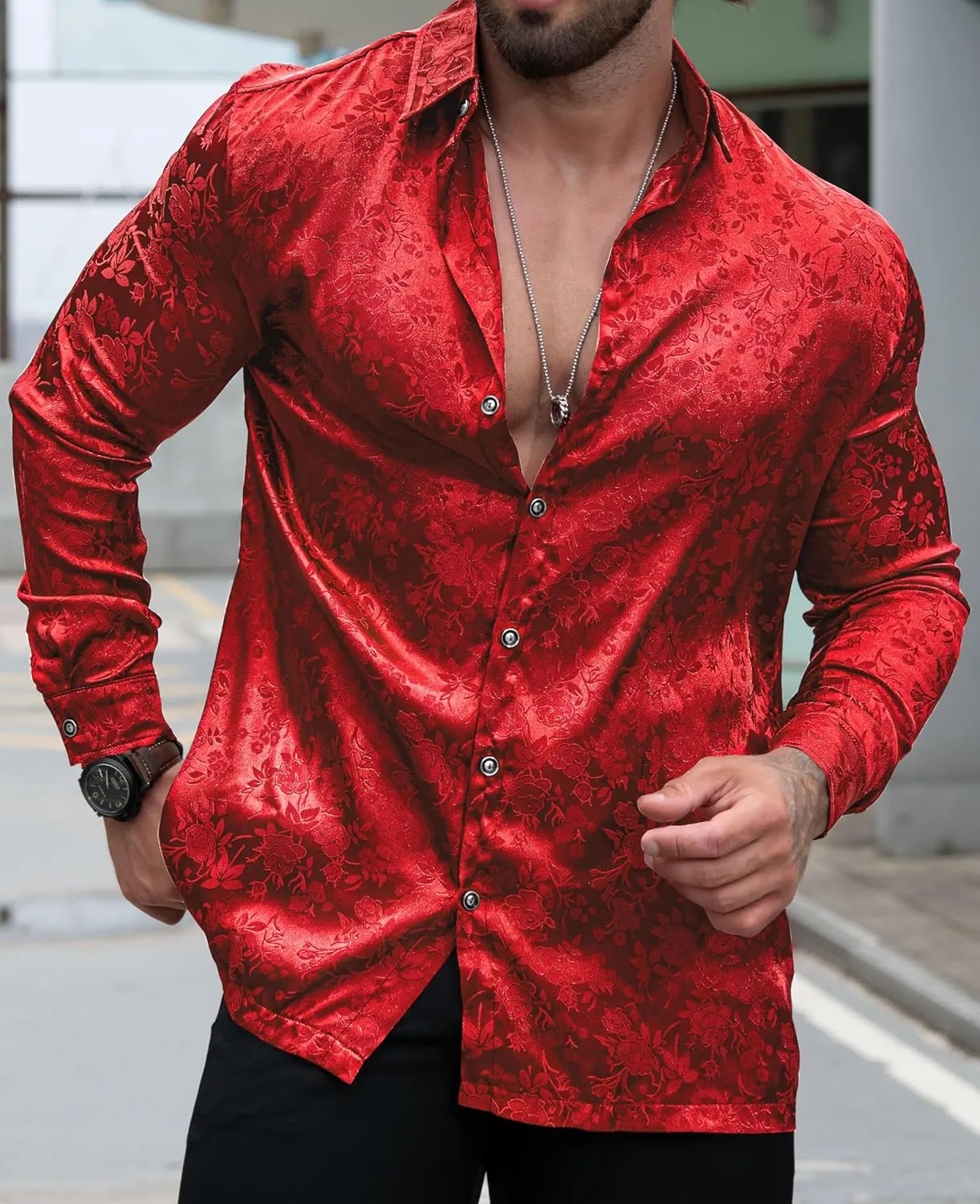 Men's Long Sleeve Dress Shirts Silk Floral Button Up Shirts Wedding Party Prom Jacquard Button Down Shirt S-3XL