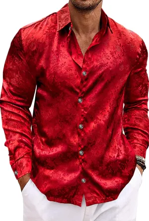 Men's Long Sleeve Dress Shirts Silk Floral Button Up Shirts Wedding Party Prom Jacquard Button Down Shirt S-3XL