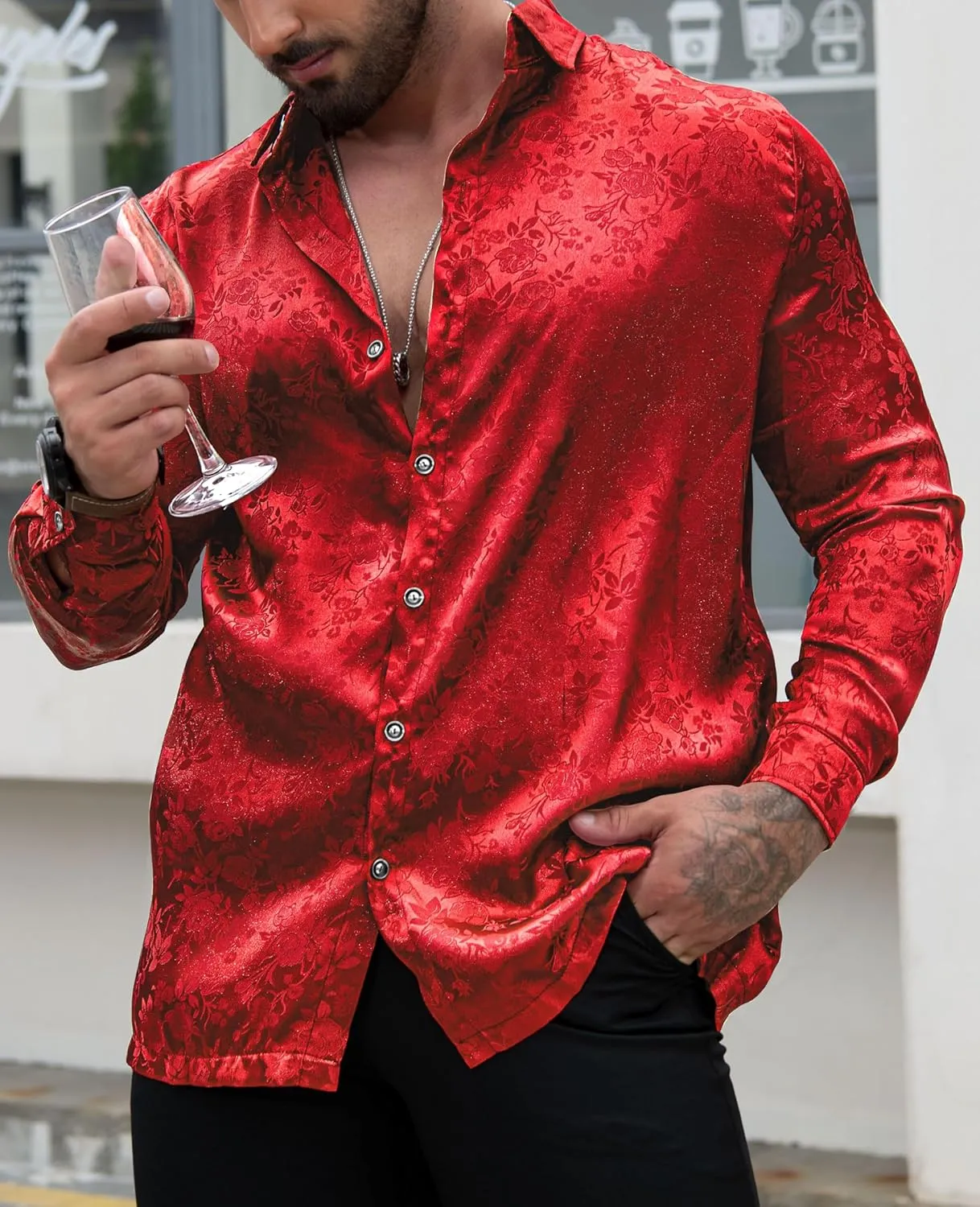 Men's Long Sleeve Dress Shirts Silk Floral Button Up Shirts Wedding Party Prom Jacquard Button Down Shirt S-3XL