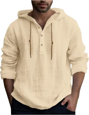 Mens Long Sleeve Linen Hippie Shirts with Hood Button Up Hooded Sweatshirts Casual Hawaiian Beach V Neck Yoga Shirts