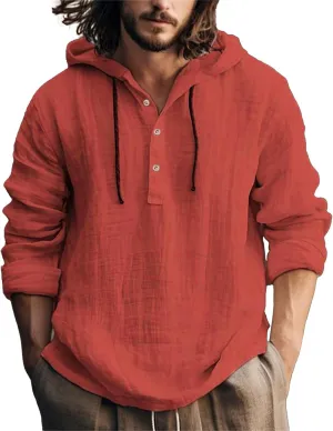 Mens Long Sleeve Linen Hippie Shirts with Hood V Neck Button Up Hooded Sweatshirts Casual Hawaiian Beach Yoga Shirts