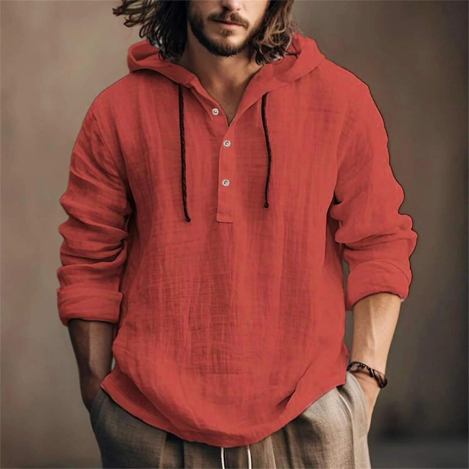 Mens Long Sleeve Linen Hippie Shirts with Hood V Neck Button Up Hooded Sweatshirts Casual Hawaiian Beach Yoga Shirts