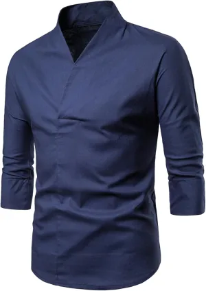 Men's Monk Buddhist Outfit T-Shirt V-Neck Plain Cotton Linen 3/4 Sleeve Shirts Retro Casual Loose Household Clothes