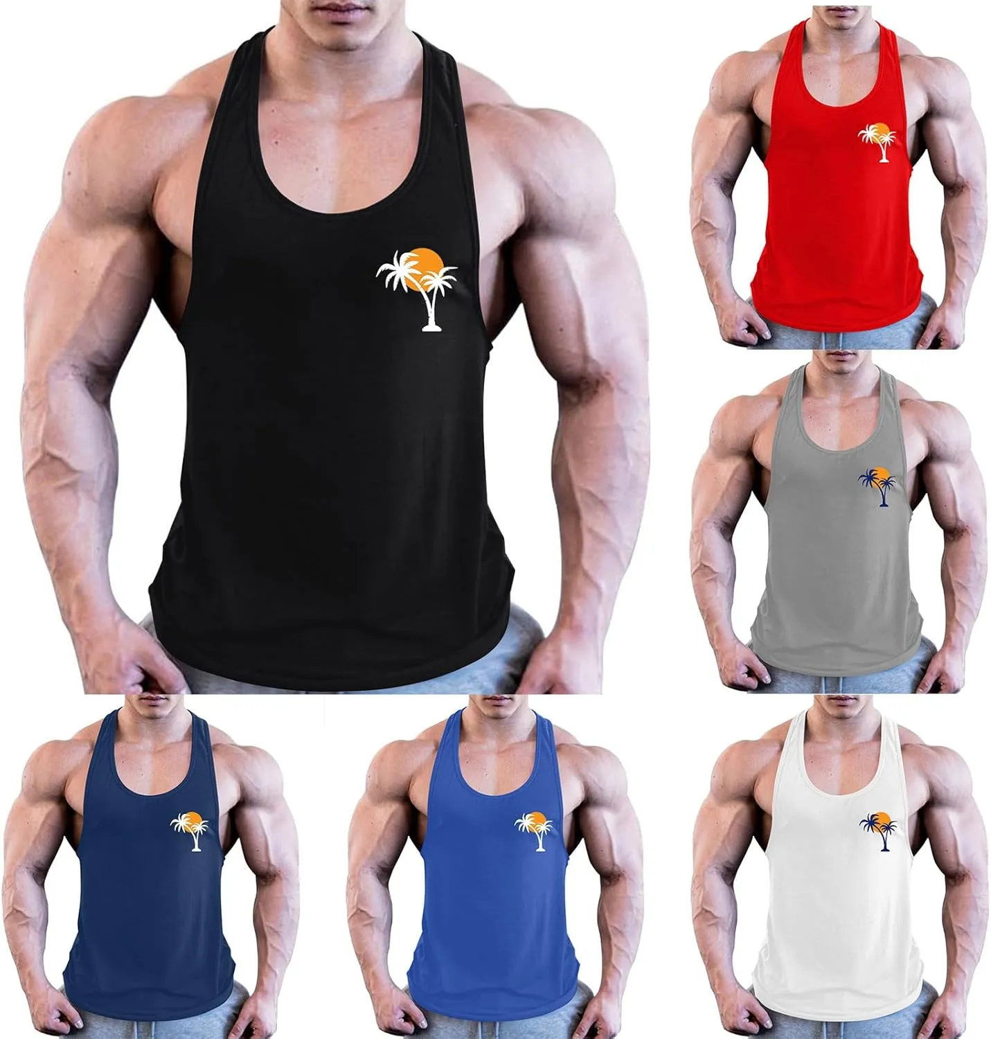 Men's Palm Tree Printed Workout Tank Tops Sleeveless Summer Beach Crewneck Casual Pullover Cut Off Muscle Tee Shirts