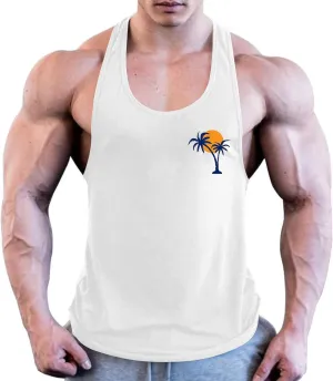 Men's Palm Tree Printed Workout Tank Tops Sleeveless Summer Beach Crewneck Casual Pullover Cut Off Muscle Tee Shirts