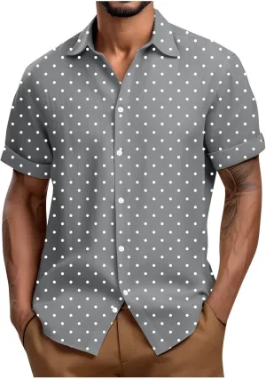 Men's Polka Dot Button Down Shirts, Fashion Loose Lapel Short Sleeve Tops Summer Going Out Casual Tees