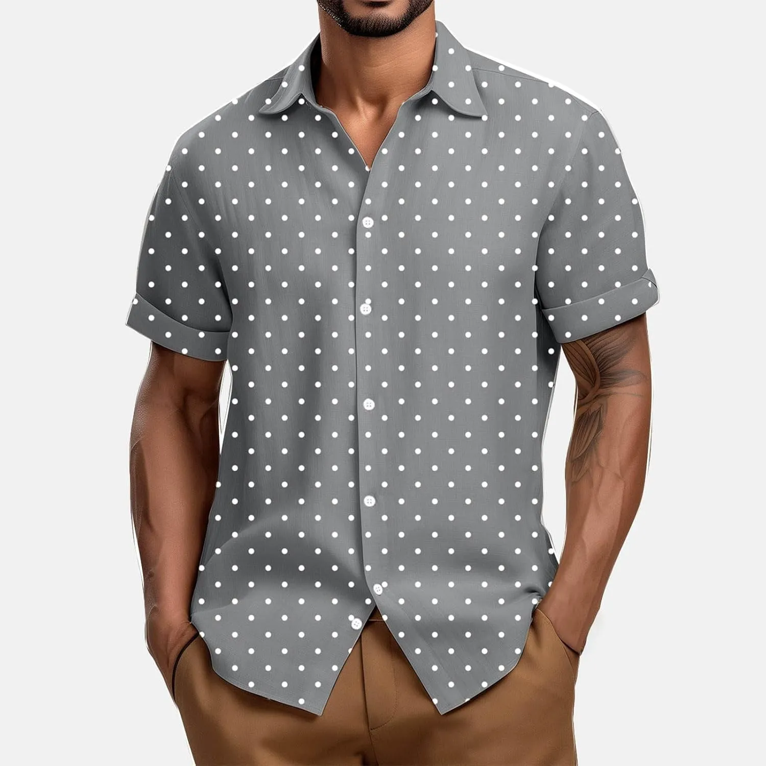 Men's Polka Dot Button Down Shirts, Fashion Loose Lapel Short Sleeve Tops Summer Going Out Casual Tees