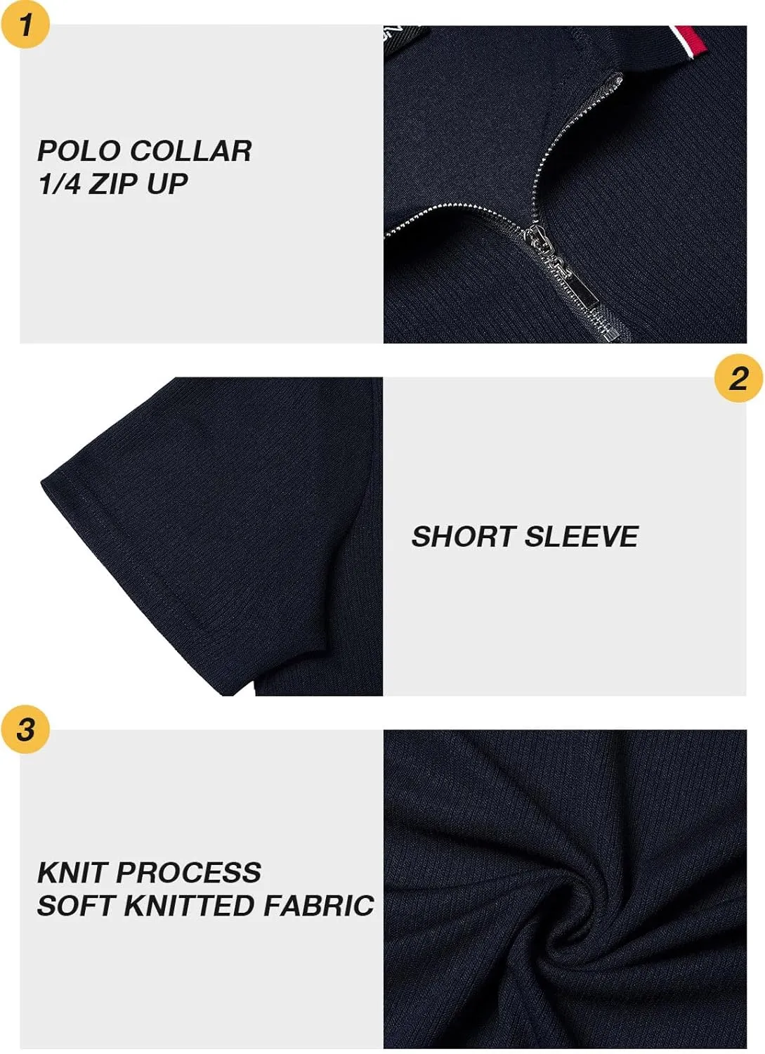 Men's Polo Shirts Short Sleeve Quarter Zip Pullover Golf Shirt Casual Ribbed Knit Slim Fit Polo T Shirts