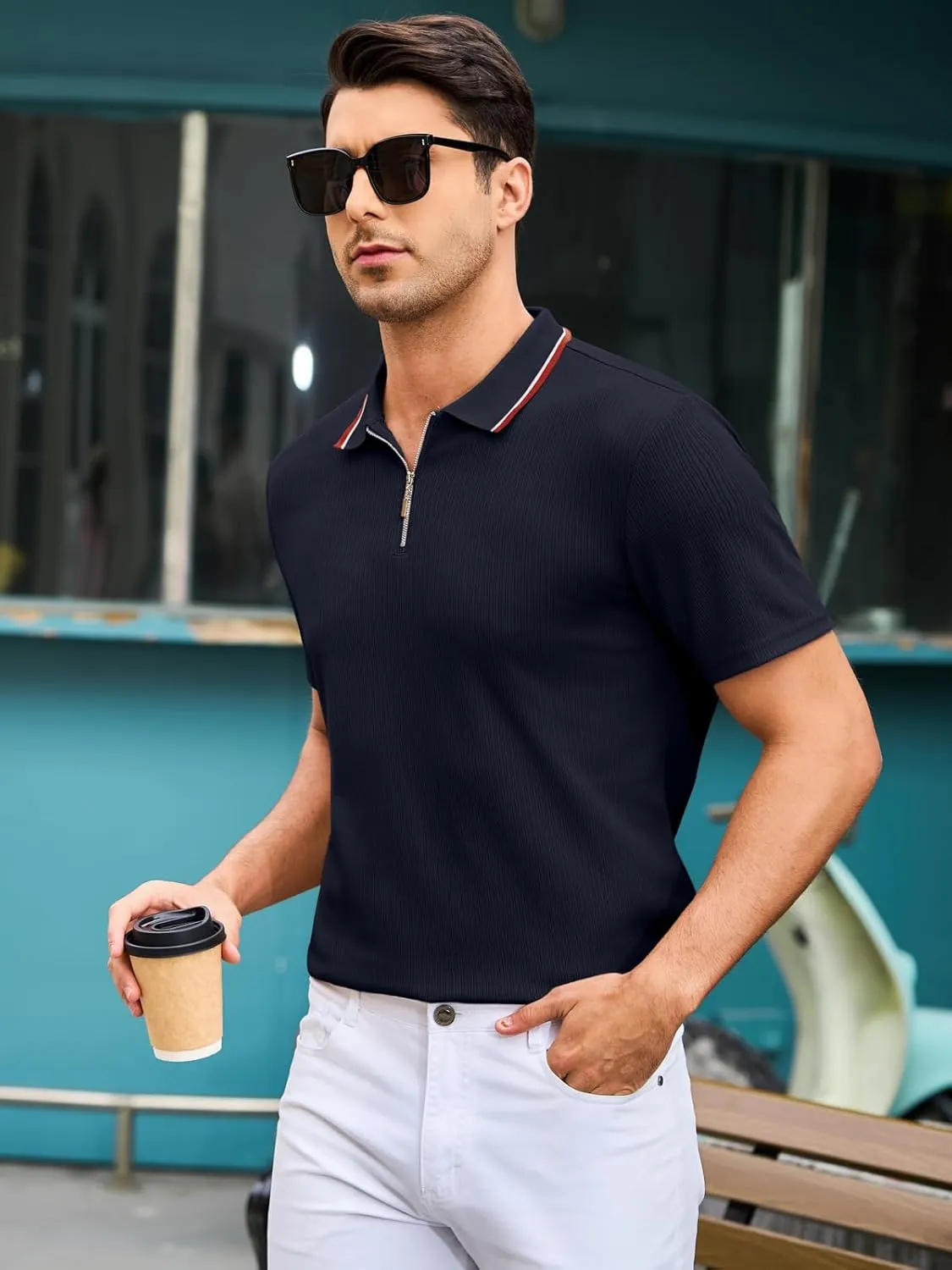 Men's Polo Shirts Short Sleeve Quarter Zip Pullover Golf Shirt Casual Ribbed Knit Slim Fit Polo T Shirts