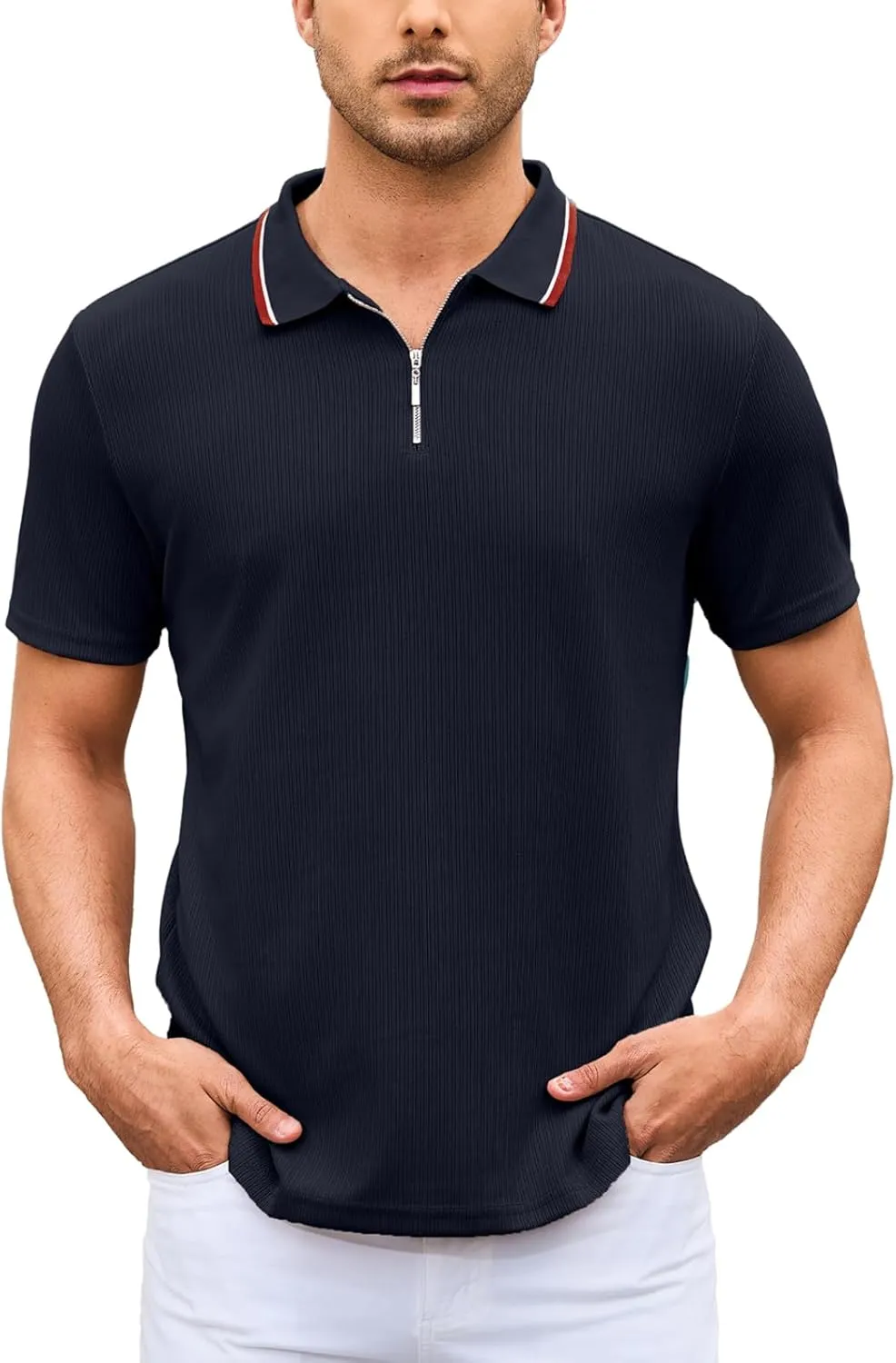 Men's Polo Shirts Short Sleeve Quarter Zip Pullover Golf Shirt Casual Ribbed Knit Slim Fit Polo T Shirts