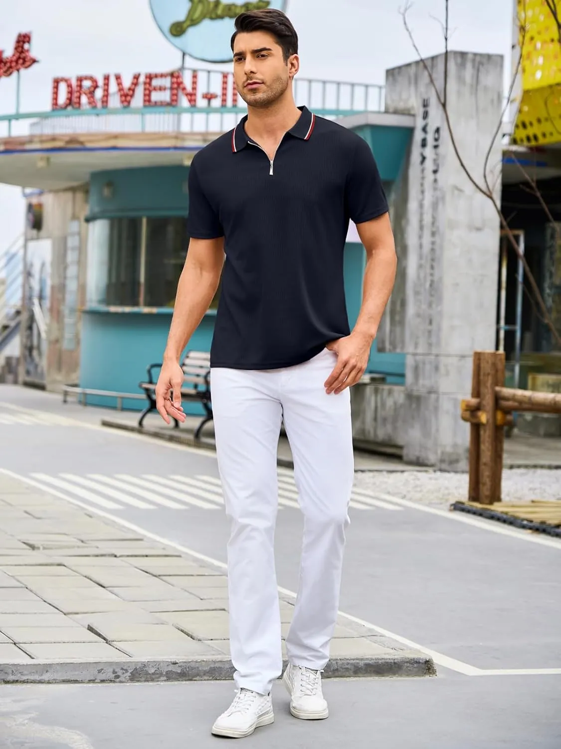 Men's Polo Shirts Short Sleeve Quarter Zip Pullover Golf Shirt Casual Ribbed Knit Slim Fit Polo T Shirts