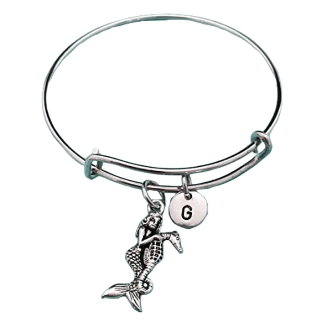 Mermaid bangle, mermaid charm bracelet, expandable bangle, charm bangle, personalized bracelet, initial bracelet, monogram