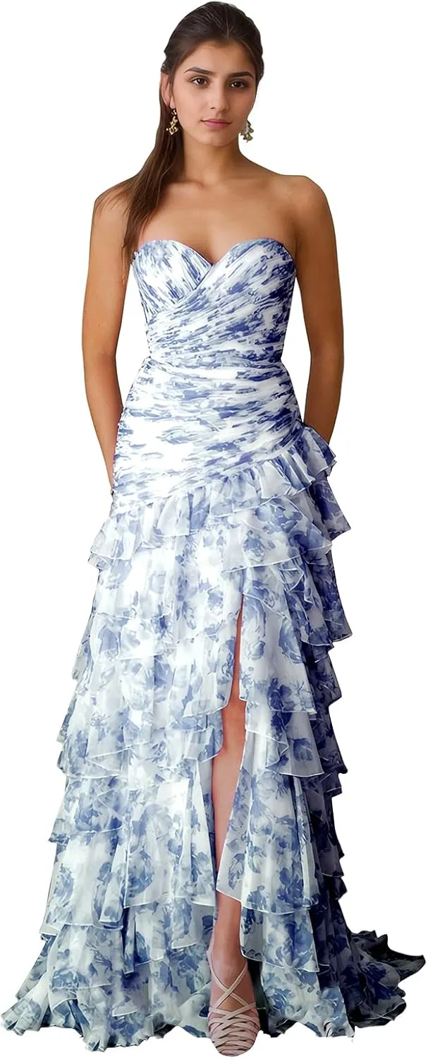 Mermaid Floral Chiffon Prom Dress Tiered Strapless Evening Gown Sweetheart Formal Dress with Slit ZD221