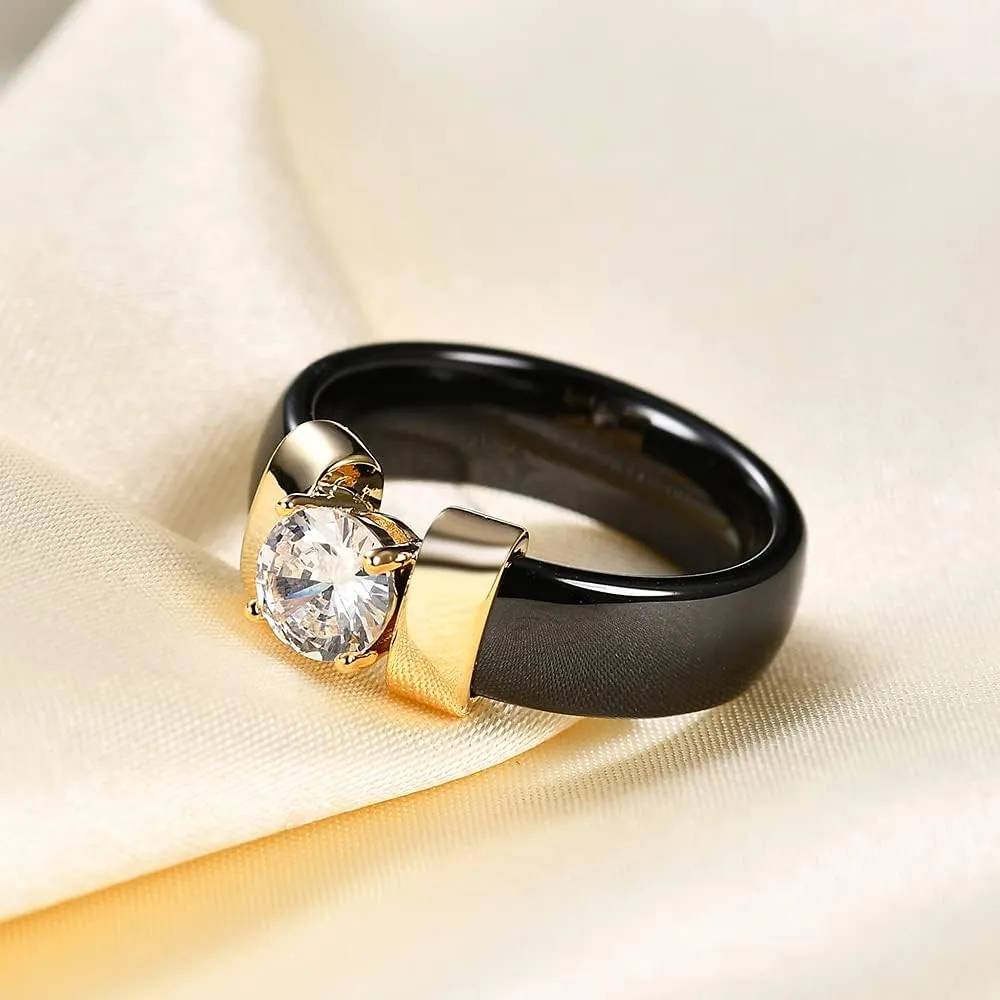 MYNENEY 6mm White/Black Ceramic Rings Plus Cubic Zirconia For Women Comfort Fit Engagement Wedding Band Size 5-12