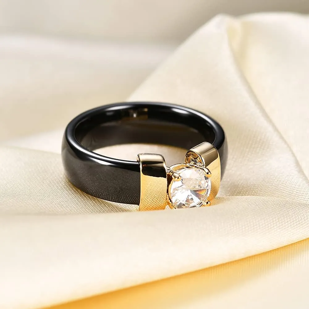 MYNENEY 6mm White/Black Ceramic Rings Plus Cubic Zirconia For Women Comfort Fit Engagement Wedding Band Size 5-12