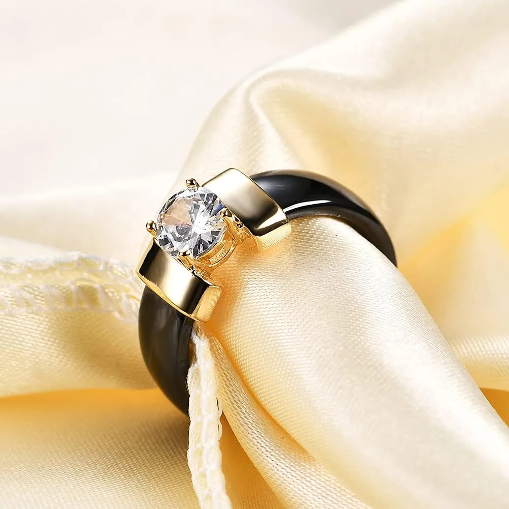 MYNENEY 6mm White/Black Ceramic Rings Plus Cubic Zirconia For Women Comfort Fit Engagement Wedding Band Size 5-12