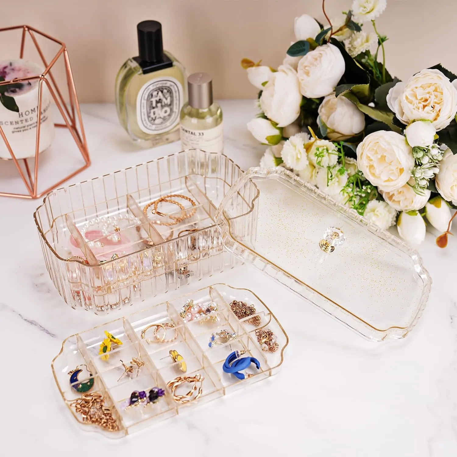 NiHome Transparent 3-Layer Jewelry Organizer Box with Elegant Gold Handle, Efficient Storage Versatile for Earrings, Rings, Bracelets & Watches, Stylish Multi-Functional Accessory Holder