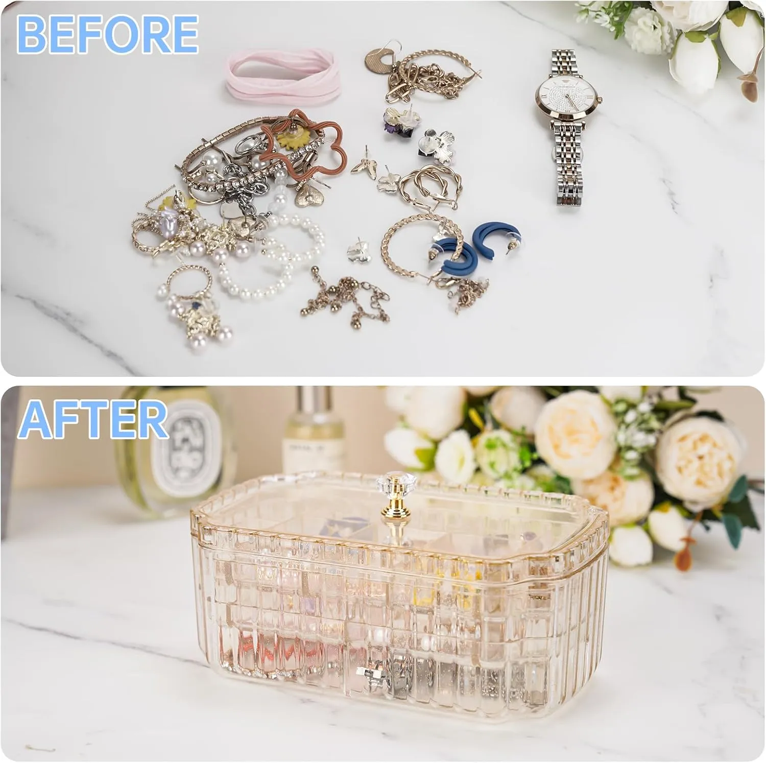 NiHome Transparent 3-Layer Jewelry Organizer Box with Elegant Gold Handle, Efficient Storage Versatile for Earrings, Rings, Bracelets & Watches, Stylish Multi-Functional Accessory Holder