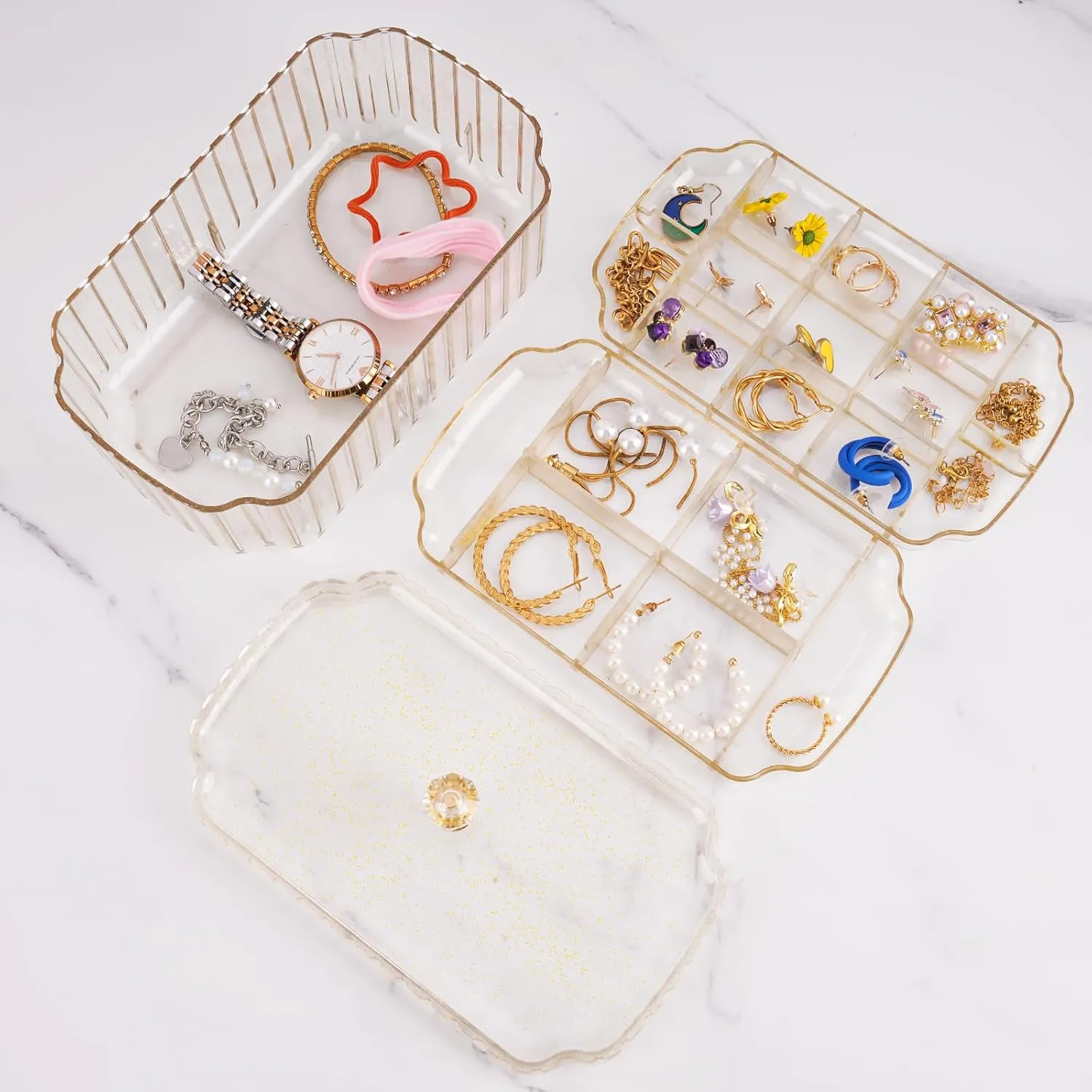 NiHome Transparent 3-Layer Jewelry Organizer Box with Elegant Gold Handle, Efficient Storage Versatile for Earrings, Rings, Bracelets & Watches, Stylish Multi-Functional Accessory Holder