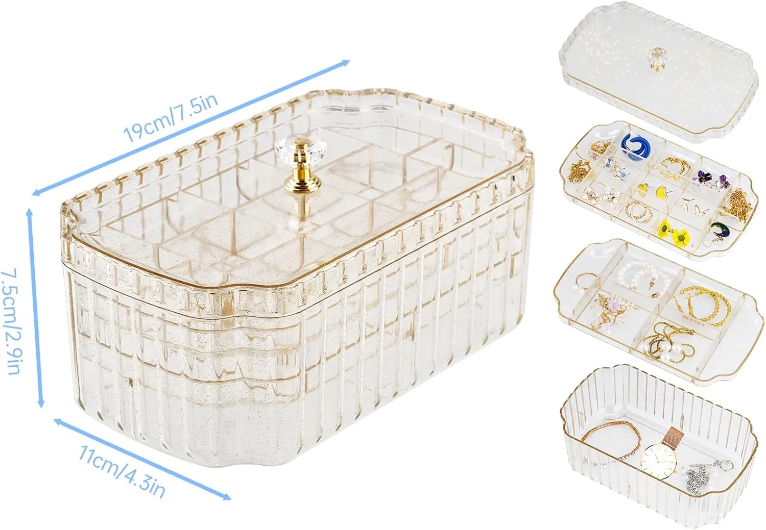 NiHome Transparent 3-Layer Jewelry Organizer Box with Elegant Gold Handle, Efficient Storage Versatile for Earrings, Rings, Bracelets & Watches, Stylish Multi-Functional Accessory Holder