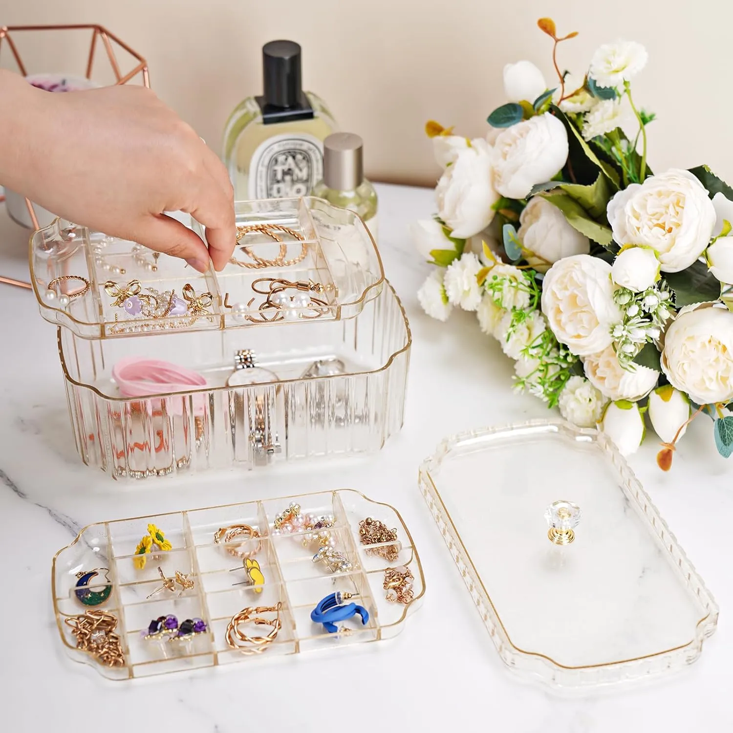 NiHome Transparent 3-Layer Jewelry Organizer Box with Elegant Gold Handle, Efficient Storage Versatile for Earrings, Rings, Bracelets & Watches, Stylish Multi-Functional Accessory Holder