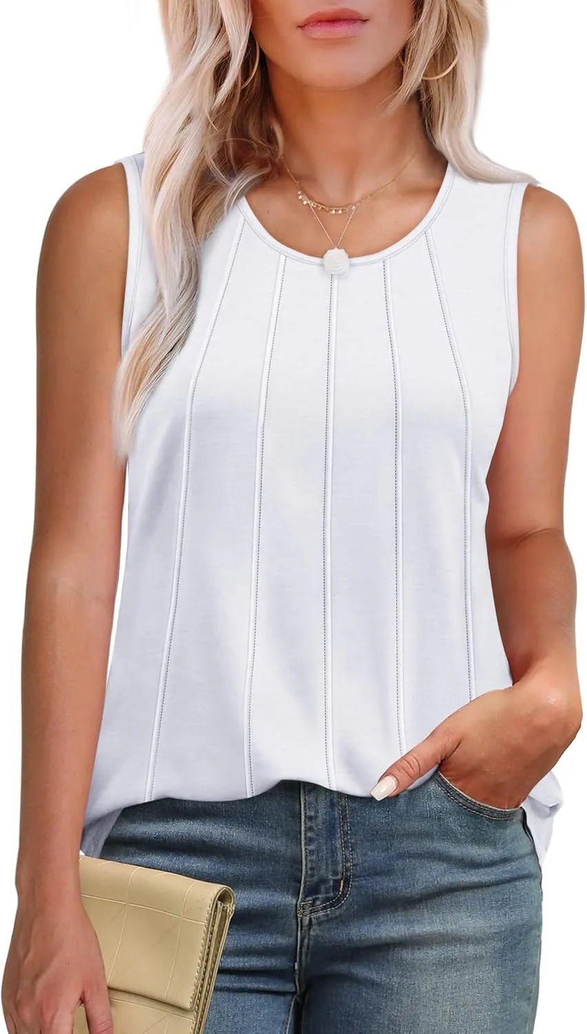 OFEEFAN Womens Tank Tops Pleated Scoop Neck Sleeveless Tops Casual Flowy 2025