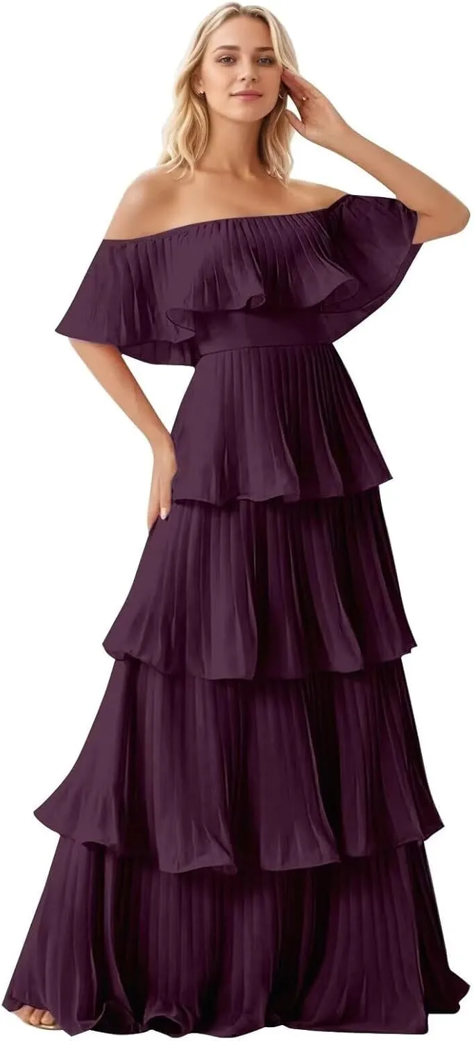 Off Shoulder Prom Dresses Long Ball Gown Chiffon Pleated Evening Dress for Women Elegant Classy