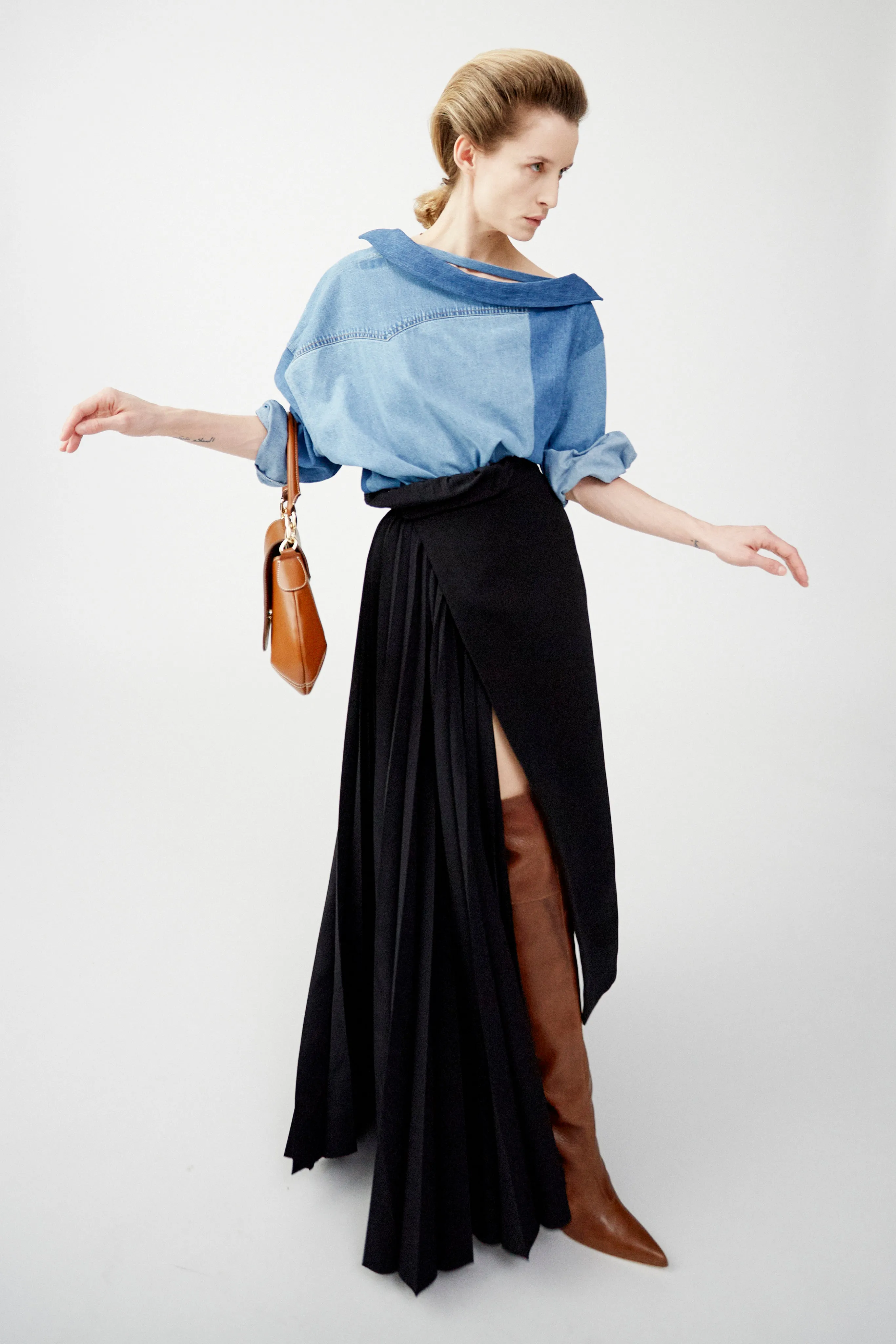 Off Shoulder Upcycled Denim Back To Front Shirt Blue
