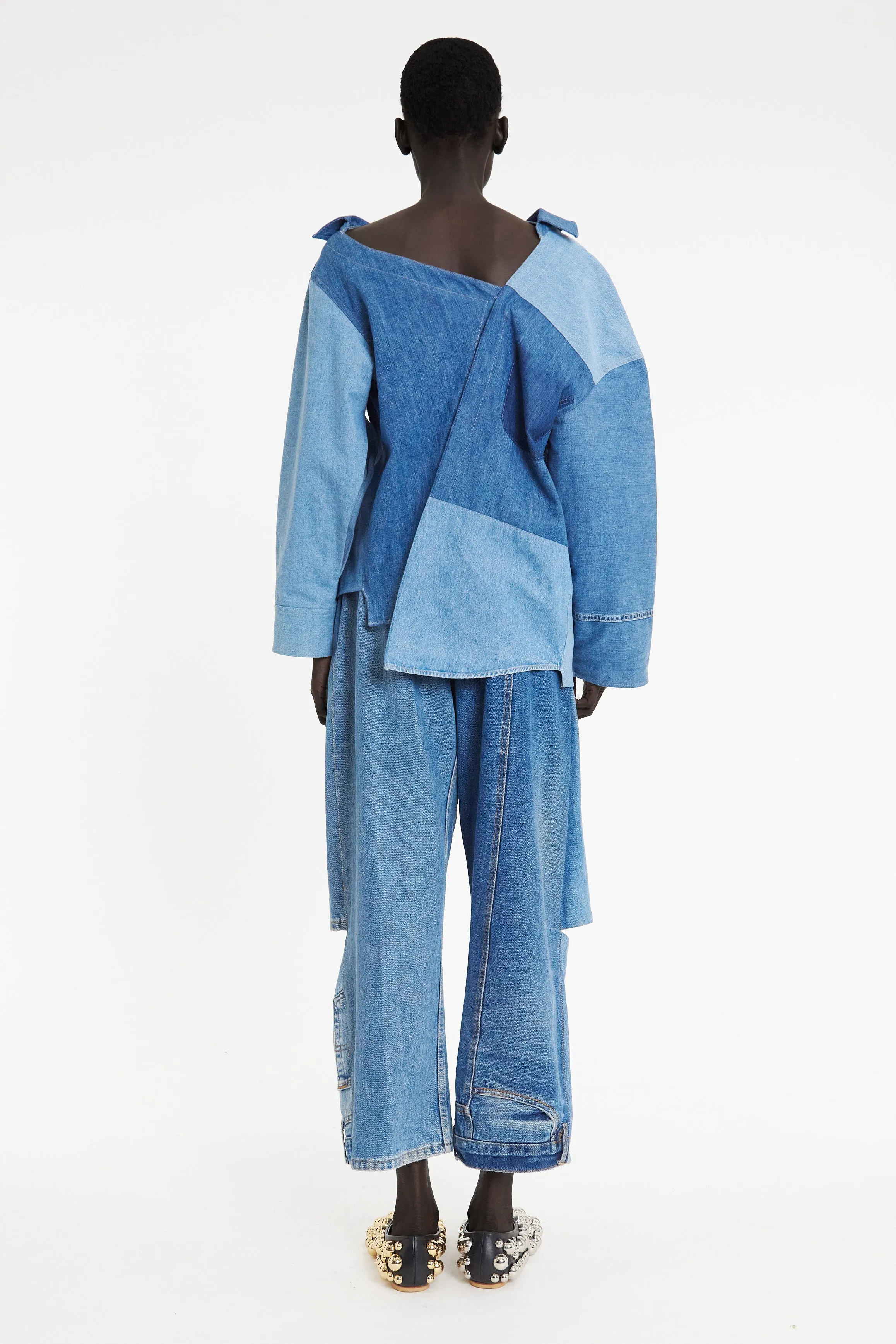Off Shoulder Upcycled Denim Back To Front Shirt Blue
