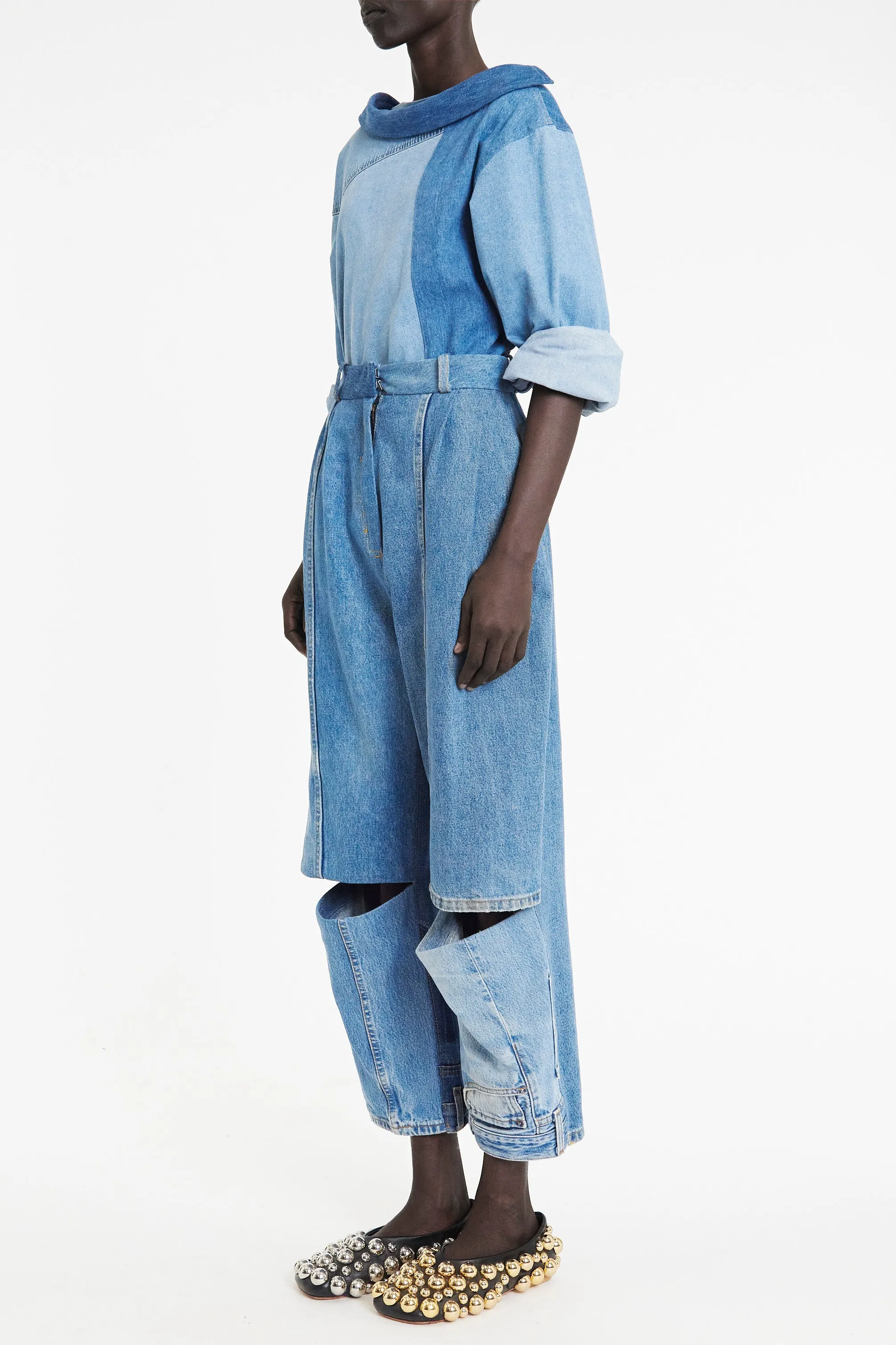 Off Shoulder Upcycled Denim Back To Front Shirt Blue