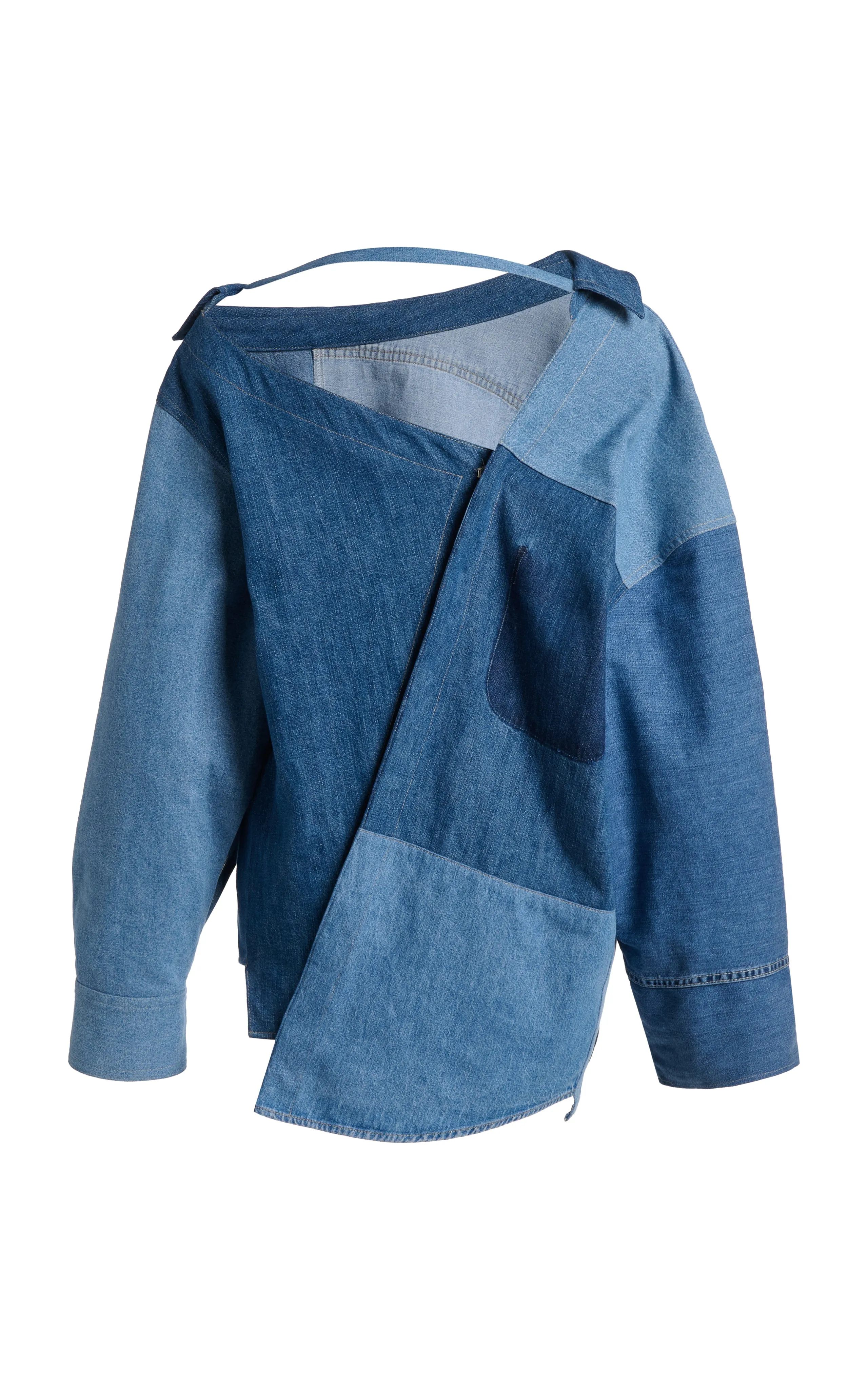 Off Shoulder Upcycled Denim Back To Front Shirt Blue