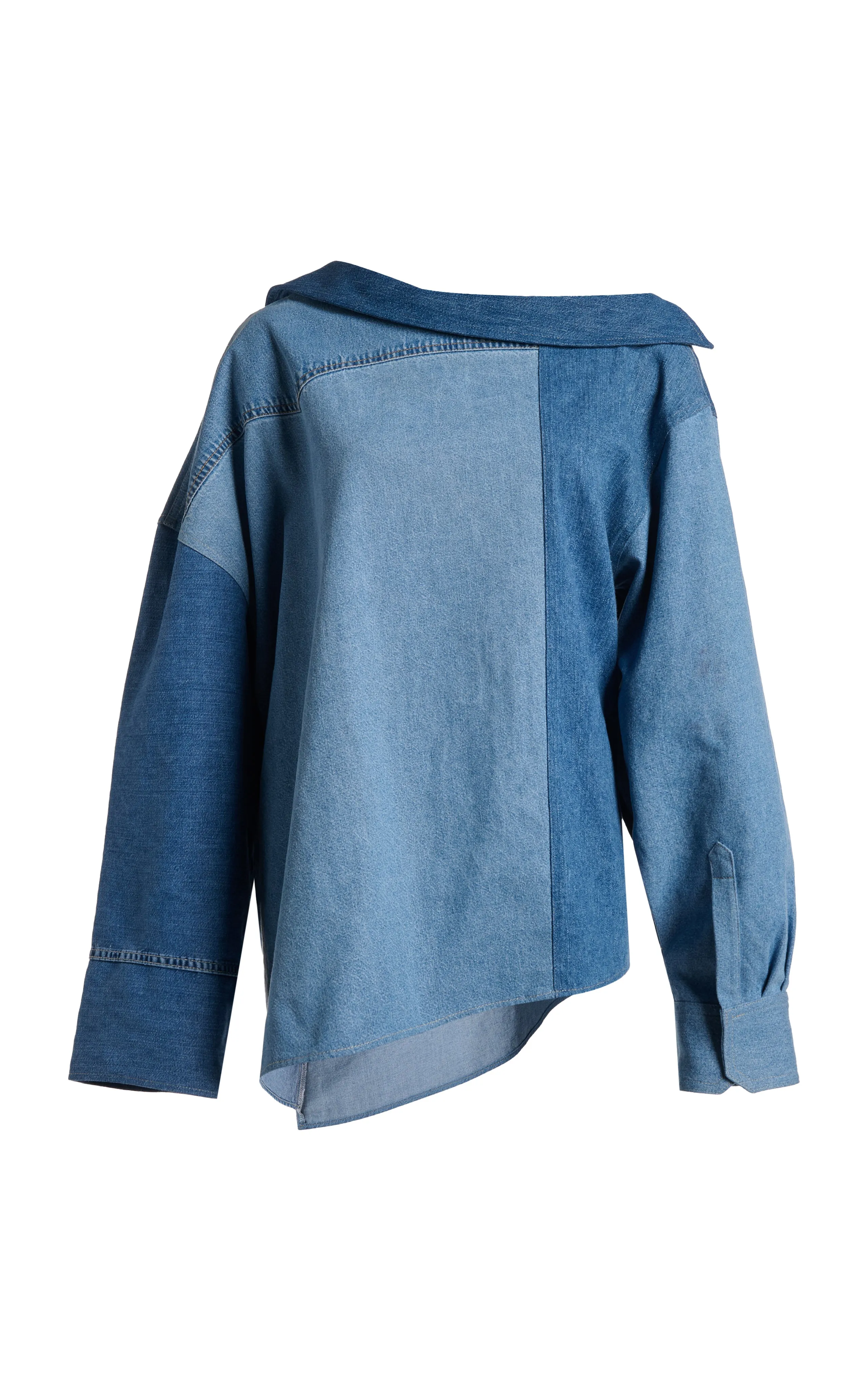 Off Shoulder Upcycled Denim Back To Front Shirt Blue