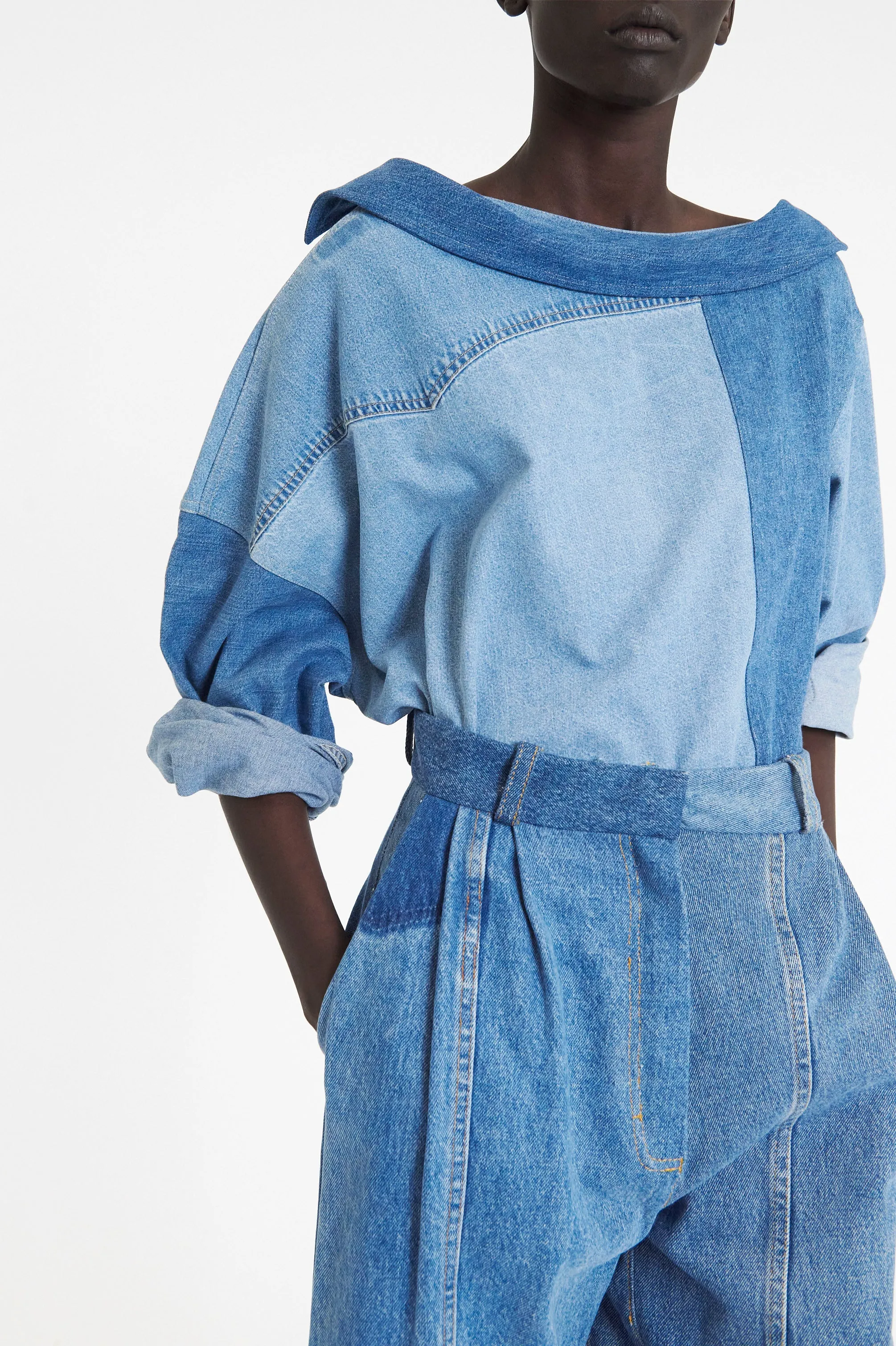 Off Shoulder Upcycled Denim Back To Front Shirt Blue