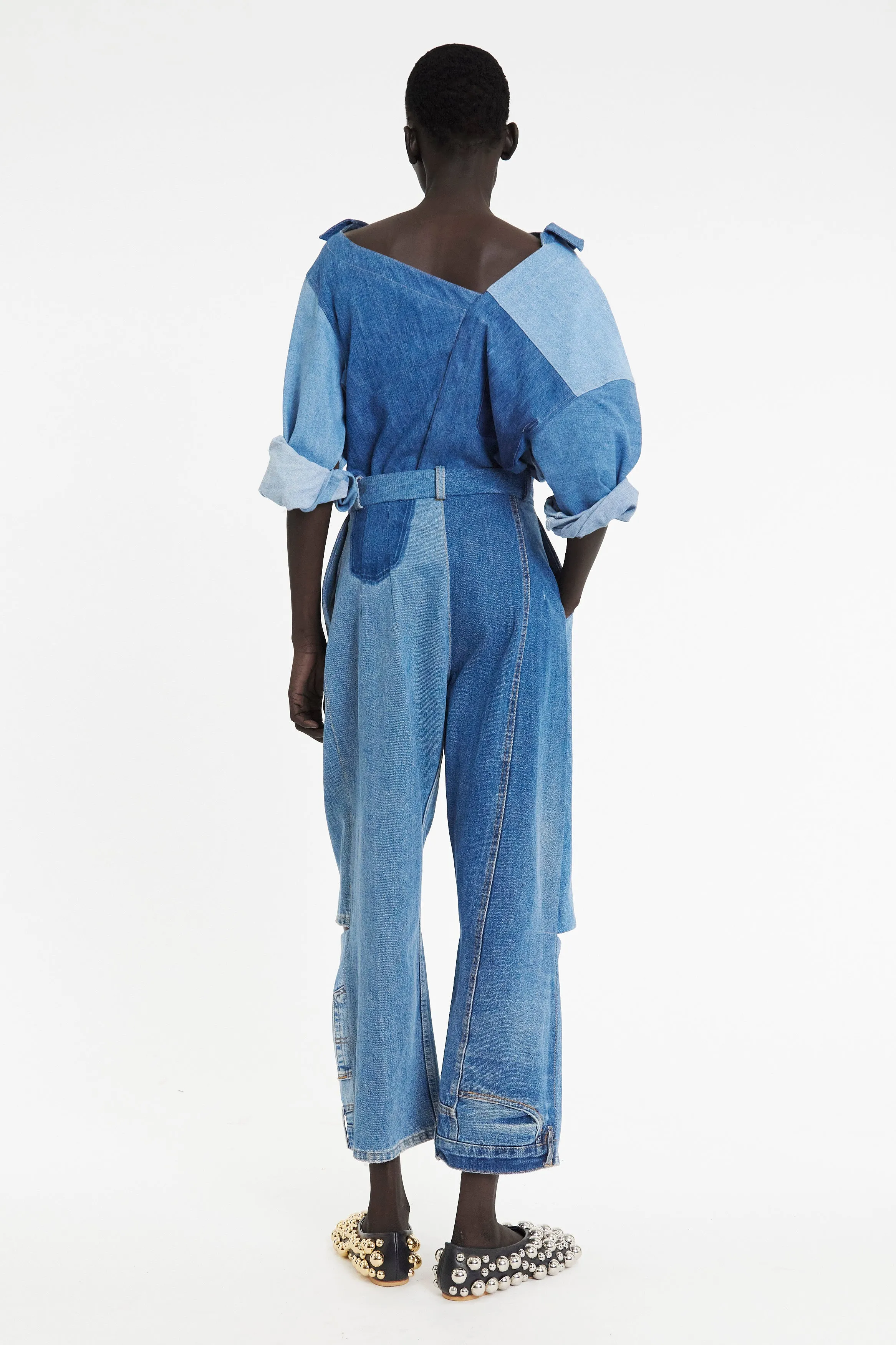 Off Shoulder Upcycled Denim Back To Front Shirt Blue