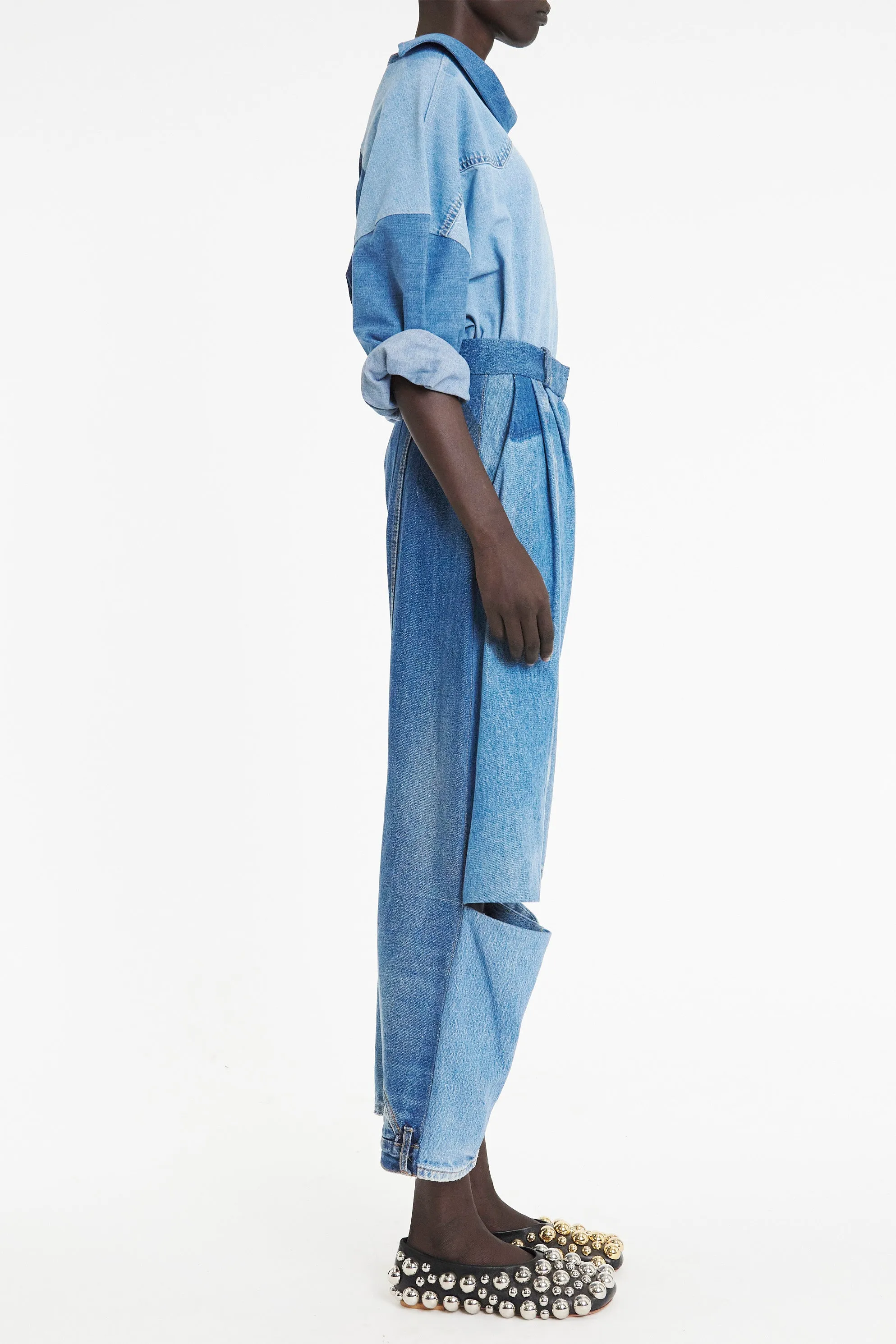 Off Shoulder Upcycled Denim Back To Front Shirt Blue