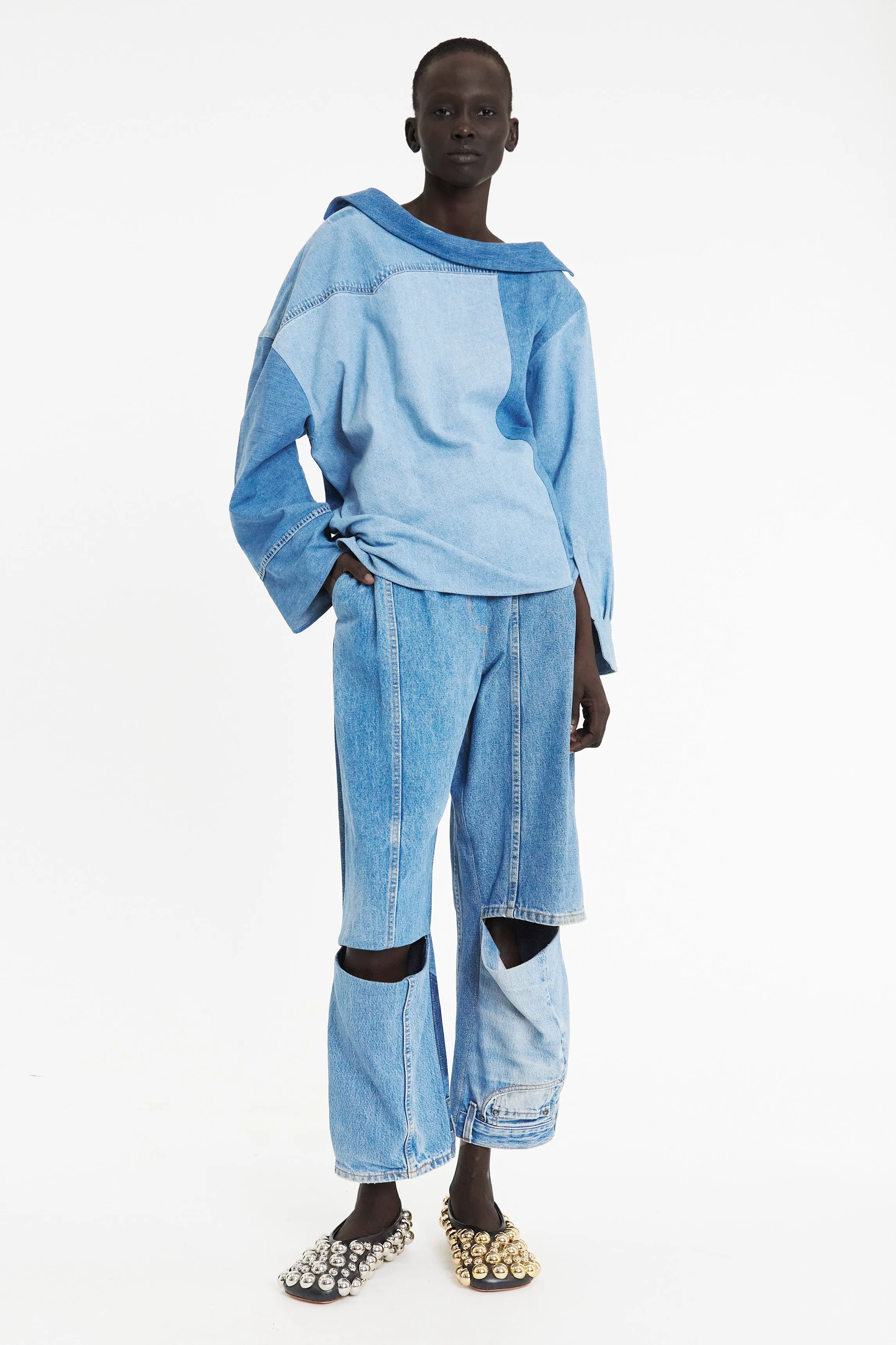Off Shoulder Upcycled Denim Back To Front Shirt Blue