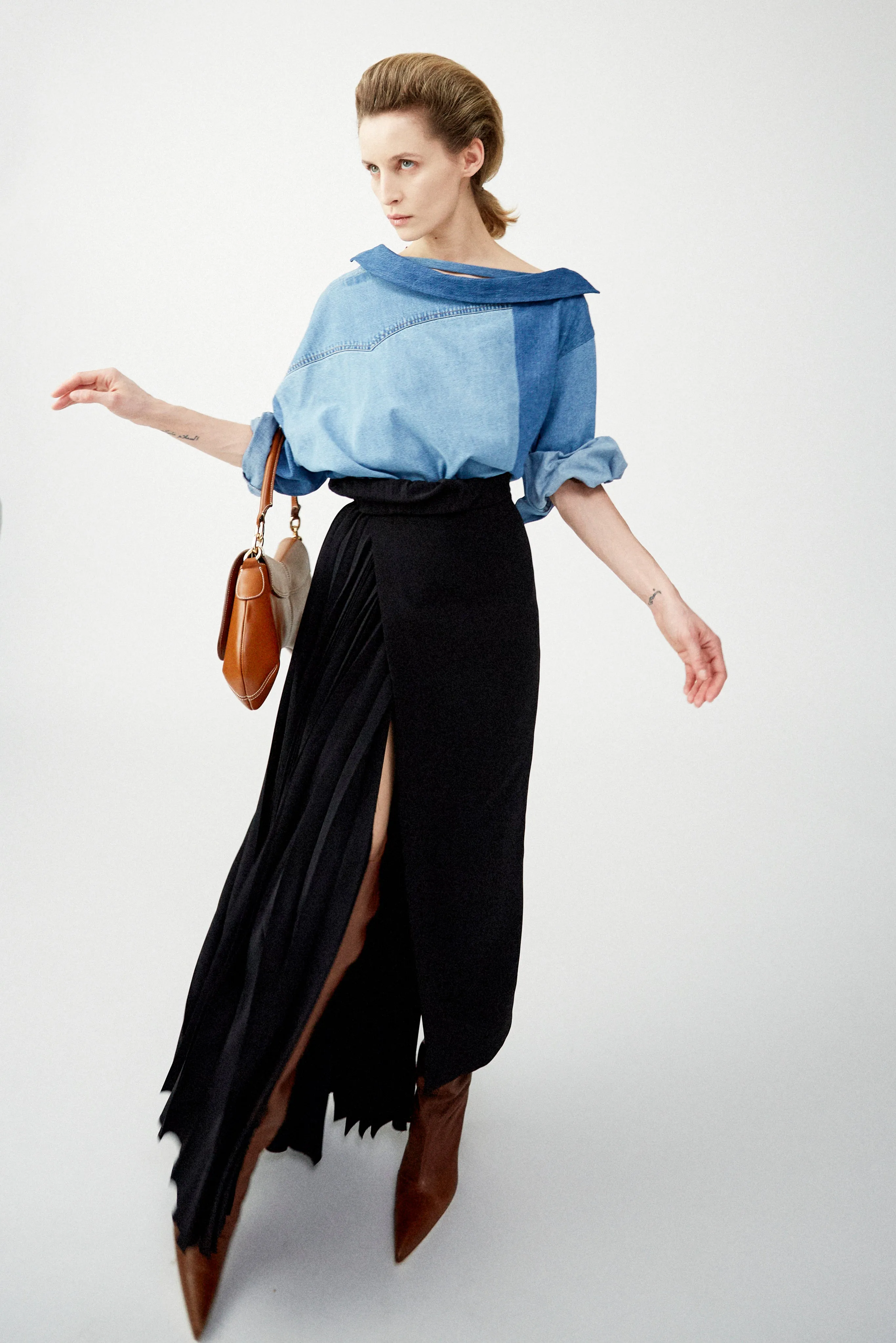 Off Shoulder Upcycled Denim Back To Front Shirt Blue