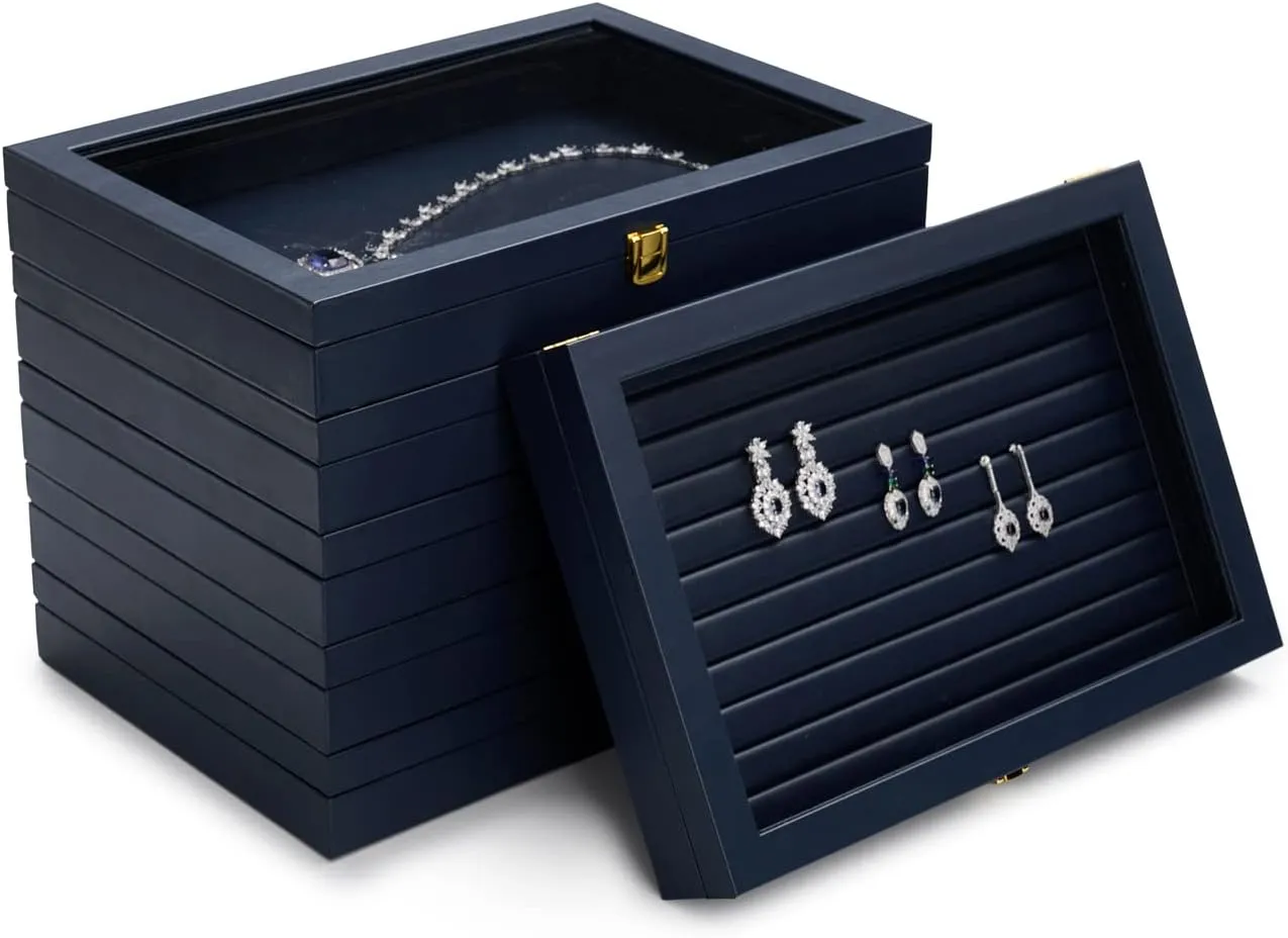 Oirlv 12 Gird Jewelry Tray with Acrylic Lid Premium Blue Leather Jewelry Organizer Box Transparent Lid Bracelet Bangle Small Watch Storage Case for Women Gift