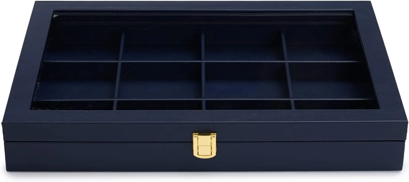 Oirlv 12 Gird Jewelry Tray with Acrylic Lid Premium Blue Leather Jewelry Organizer Box Transparent Lid Bracelet Bangle Small Watch Storage Case for Women Gift
