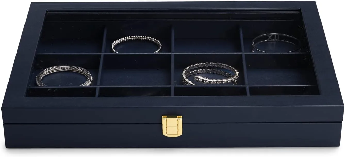 Oirlv 12 Gird Jewelry Tray with Acrylic Lid Premium Blue Leather Jewelry Organizer Box Transparent Lid Bracelet Bangle Small Watch Storage Case for Women Gift