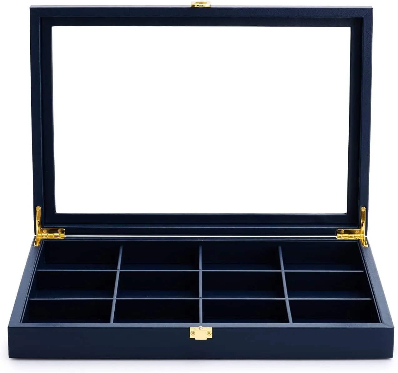 Oirlv 12 Gird Jewelry Tray with Acrylic Lid Premium Blue Leather Jewelry Organizer Box Transparent Lid Bracelet Bangle Small Watch Storage Case for Women Gift